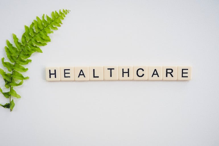 a wooden block spelling the word healthcare next to a green plant