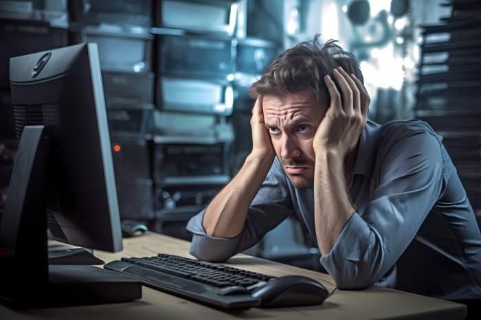 a worried man in front of a malfunctioned computer